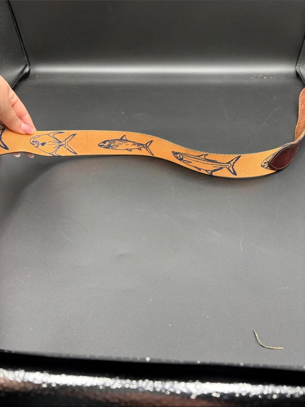 True Flies Fish-Print Belt with Leather Trim size 34